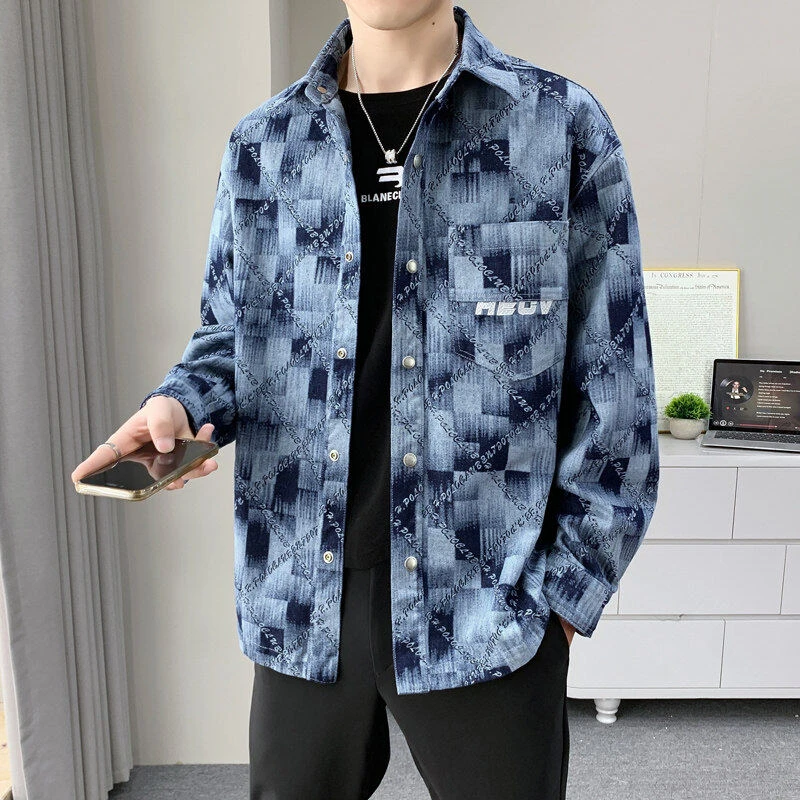 2025春季时尚百搭棉质牛仔衬衫青年潮流阔版男士休闲夹克外套6257