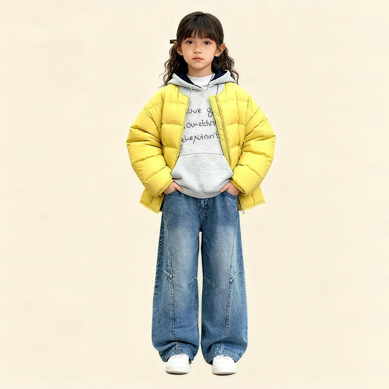 【星思兔】中大童棉服冬装短款格子圆领连帽打底衫牛仔裤套装休闲风