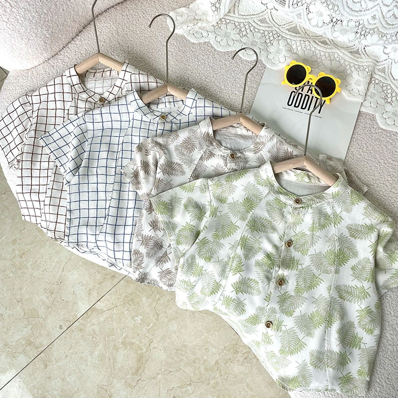 儿童夏季立领短袖衬衫男童薄款休闲印花半袖宝宝洋气韩版上衣潮