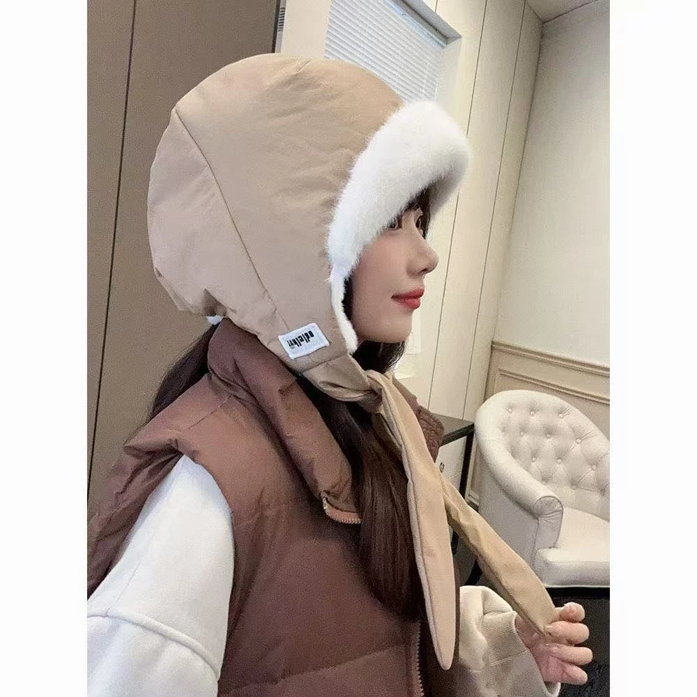 韩版户外骑行雷锋帽女秋冬季防寒保暖加厚包头帽大头围包包两用