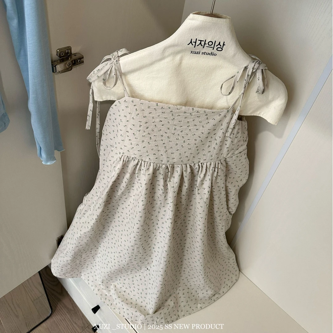 徐子 小梨园·春日约会碎花系带吊带连衣裙显瘦大口袋韩版短裙女