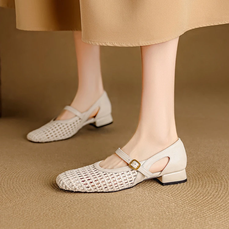 牛皮+编织2.5cm法式镂空时尚舒适一字带玛丽珍女时装凉鞋夏季粗跟