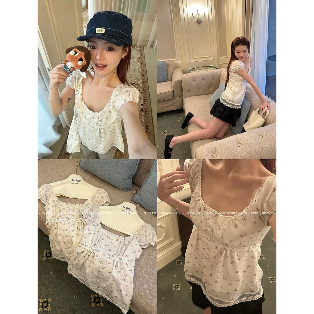 徐子 梦幻琉璃·碎花甜美娃娃衫韩系短袖公主衬衫bm蕾丝纯欲显瘦