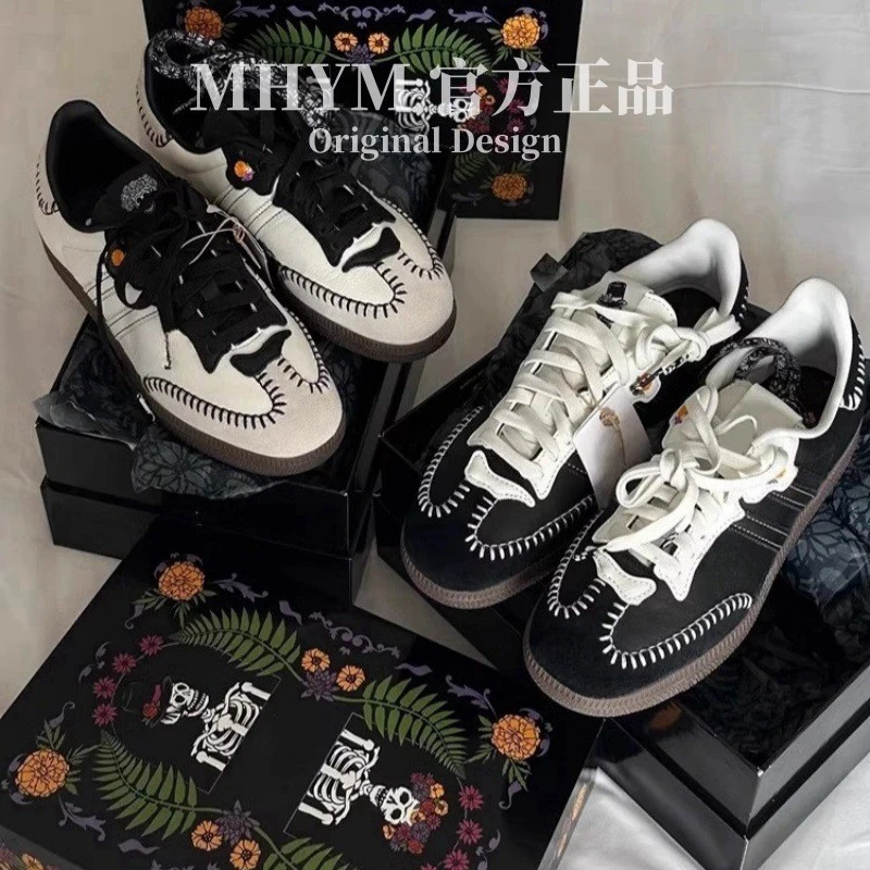 MH官方小众真皮德训鞋女复古百搭刺绣平底休闲运动低帮鞋阿甘鞋