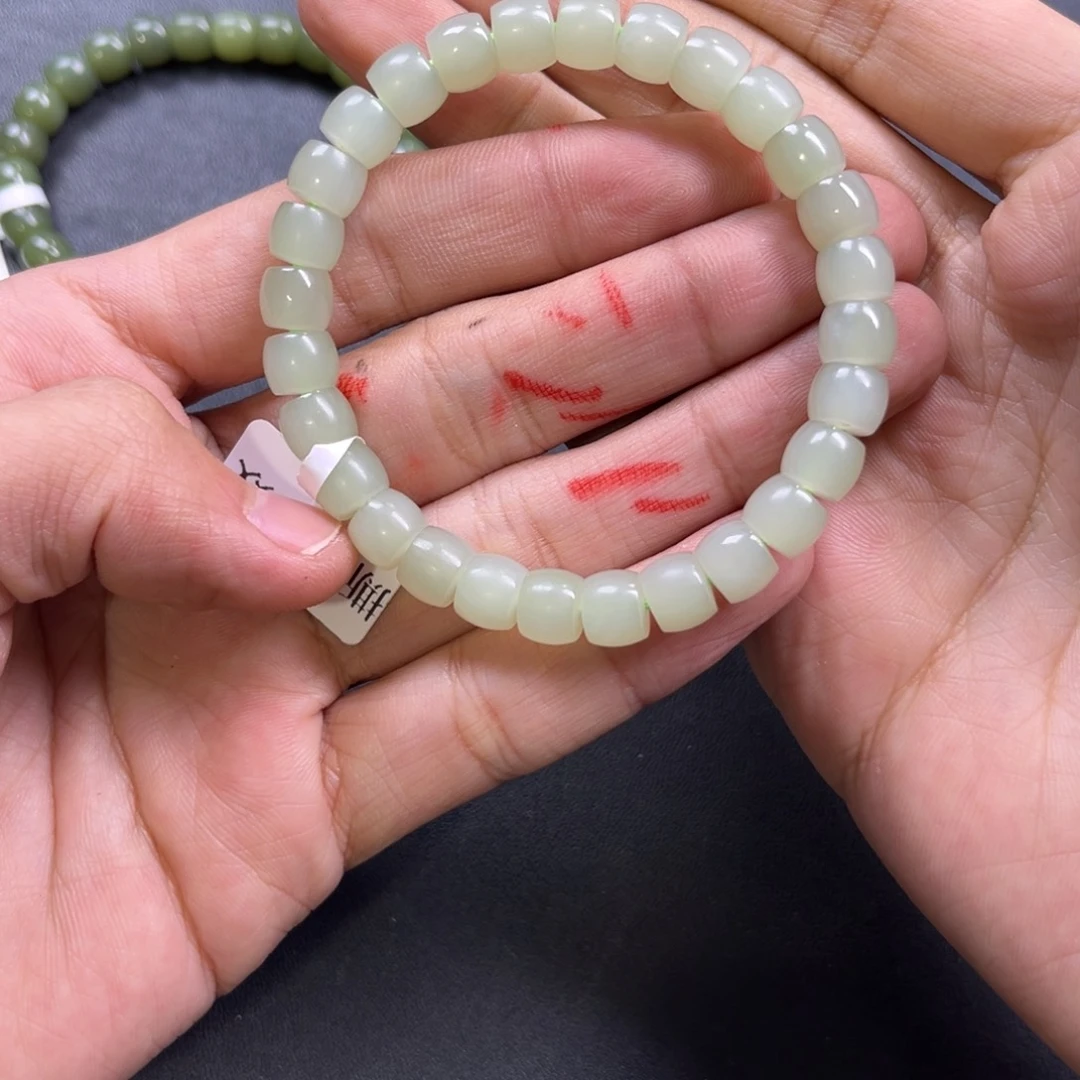 和田玉手链未镶嵌多样性钢板料晴水绿直切珠卡8