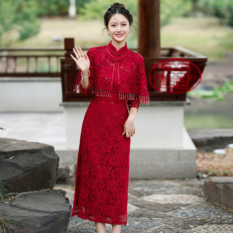 王小鸭蕾丝披肩红色旗袍2025秋季新款结婚喜妈妈改良中式连衣裙女