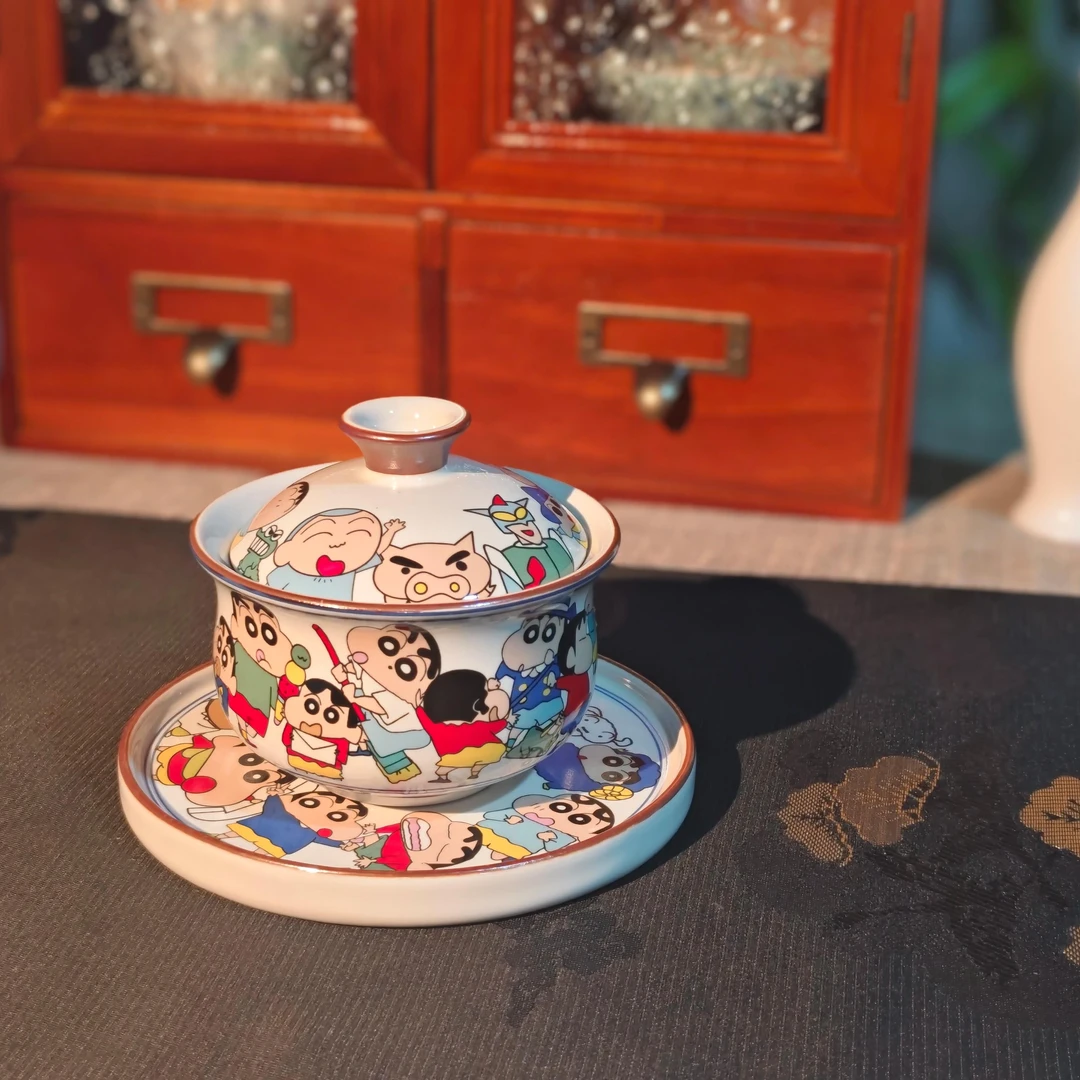 汝窑蜡笔小新可旋转陶瓷盖碗茶杯家用泡茶碗茶具高颜值茶具1050