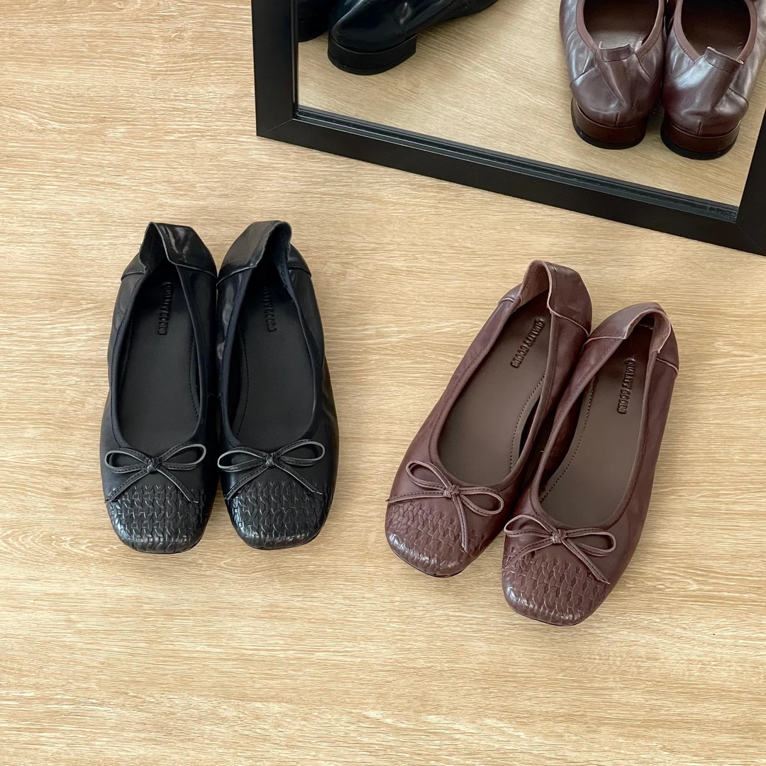 HUSSLOVE 头层牛皮·跟高2CM·简约柔软擦色蝴蝶结编织浅口单鞋圆头