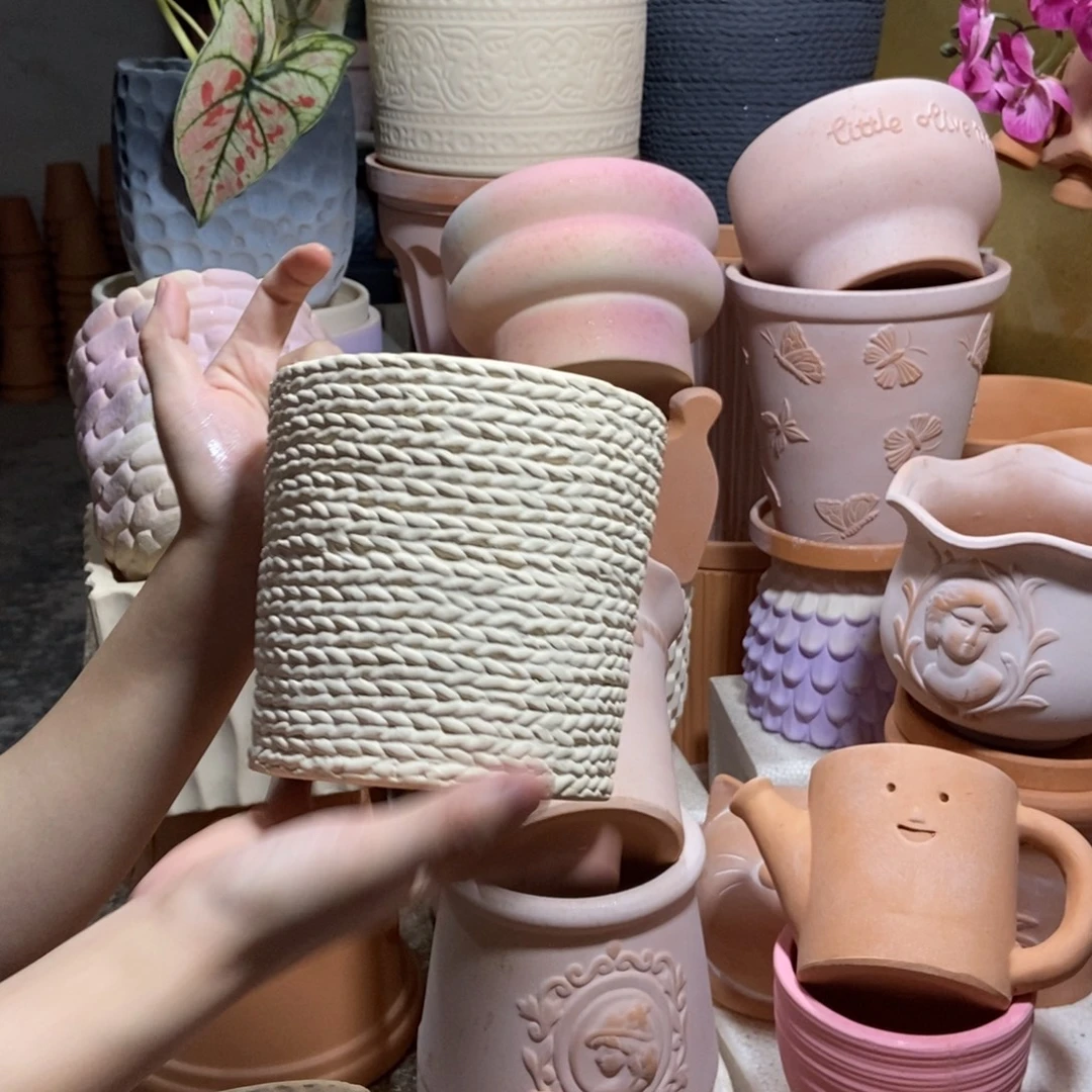 14×13白陶麻绳盆 粗陶1个