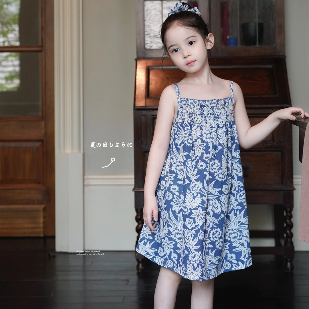 AnnieGirl夏季新款女童田园吊带连衣裙蓝色碎花打揽甜美裙子2026
