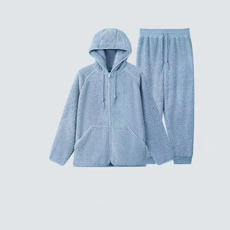 7789-情侣款羔绒连帽外穿居家套装（冰岛蓝）