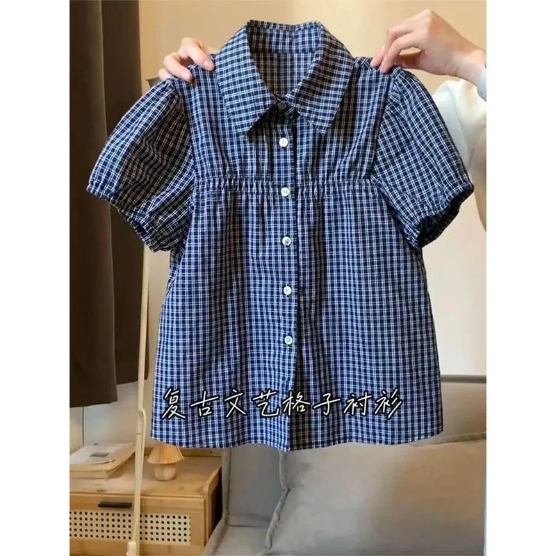 polo领蓝色格子短袖T恤女夏季新款宽松显瘦格子衬衫女泡泡袖上衣