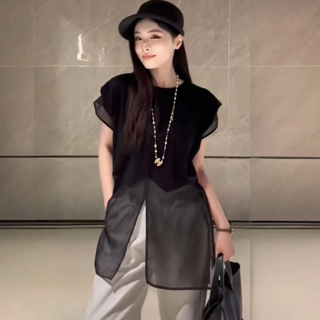 夏季新款飞飞袖设计感拼接网纱上衣百搭T恤女休闲宽松显瘦上衣潮