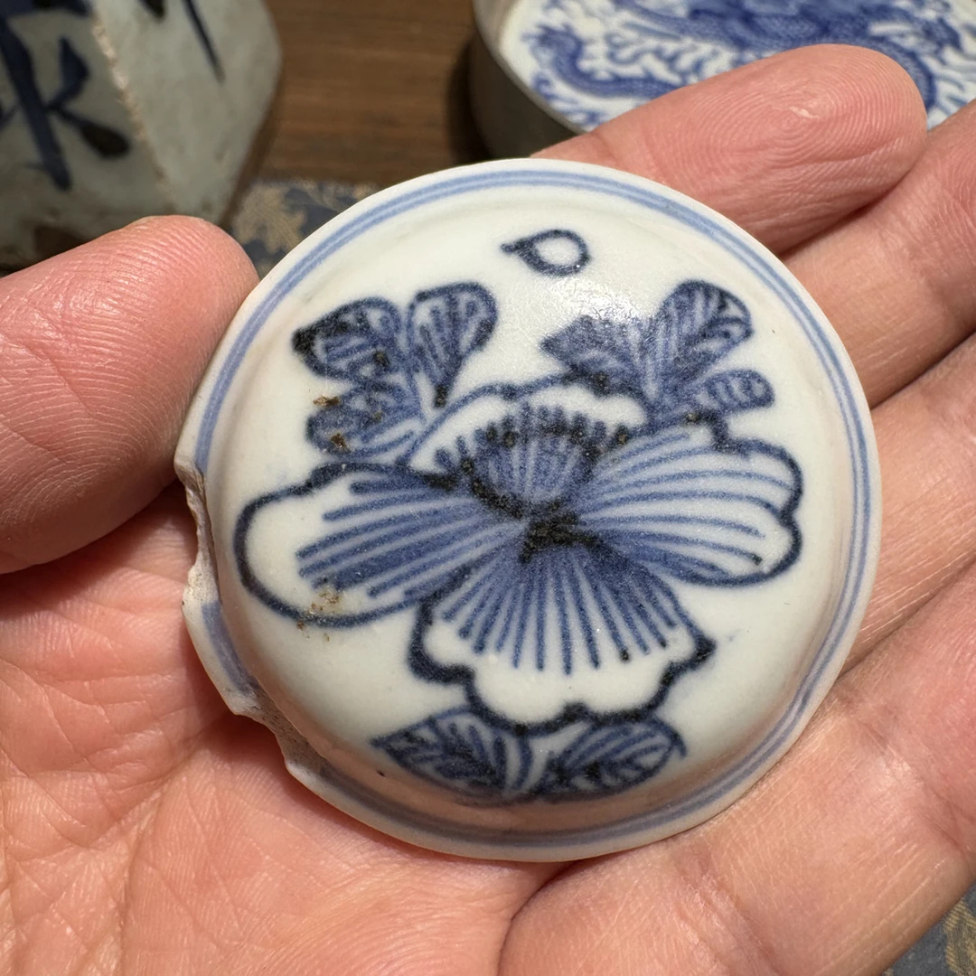 M青花铁线描牡丹花卉纹盖子口沿有小磕学习收藏顺丰包邮