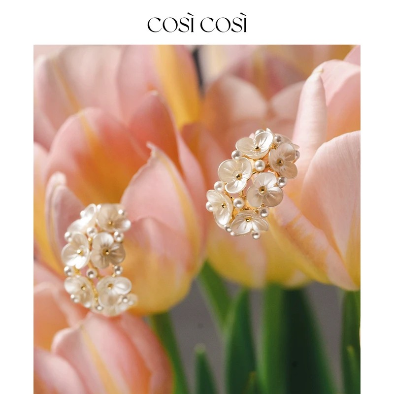 铜合金树脂耳饰 铜镀金树脂cosicosi 3D立体法式浪漫小苍兰花簇耳