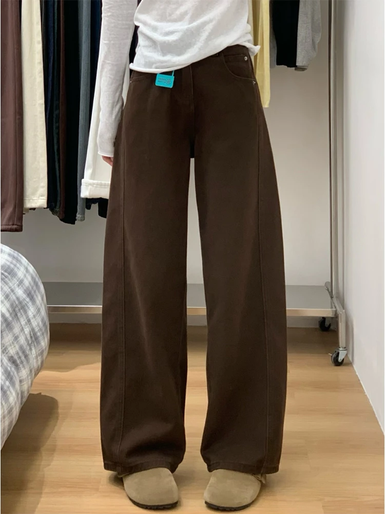 大码美式立体裁剪撞色线弯刀裤牛仔裤女秋冬百搭宽松垂感阔腿裤子