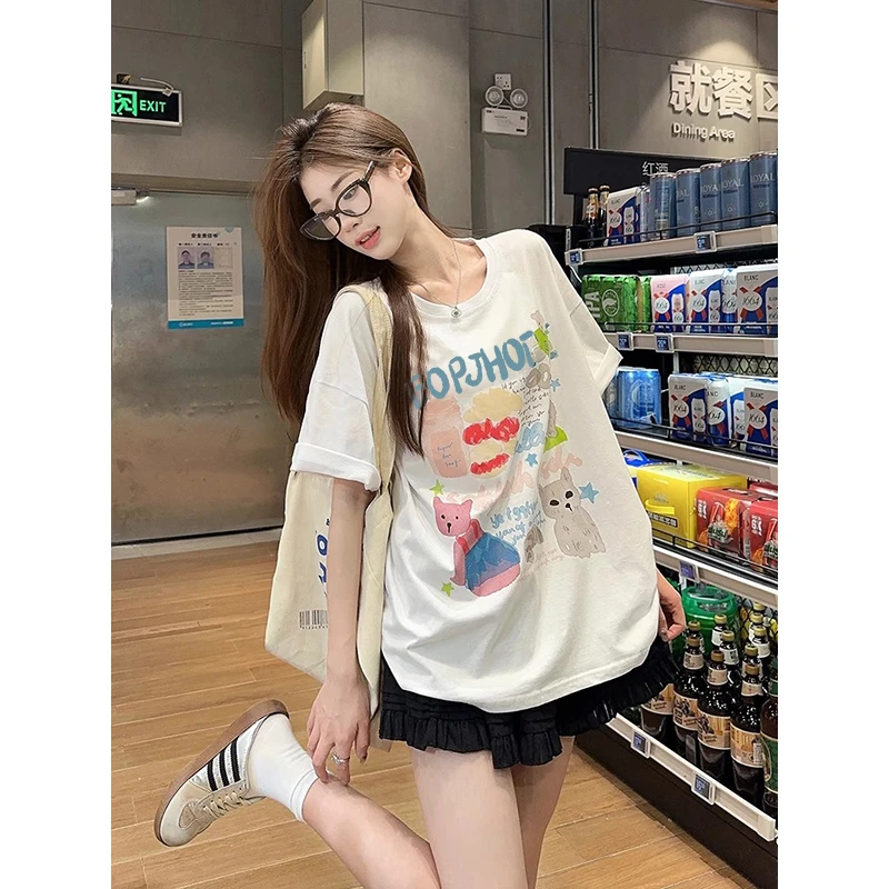 ABFP重磅硬挺纯棉卡通熊印花白色短袖t恤女夏季宽松圆领上衣休闲