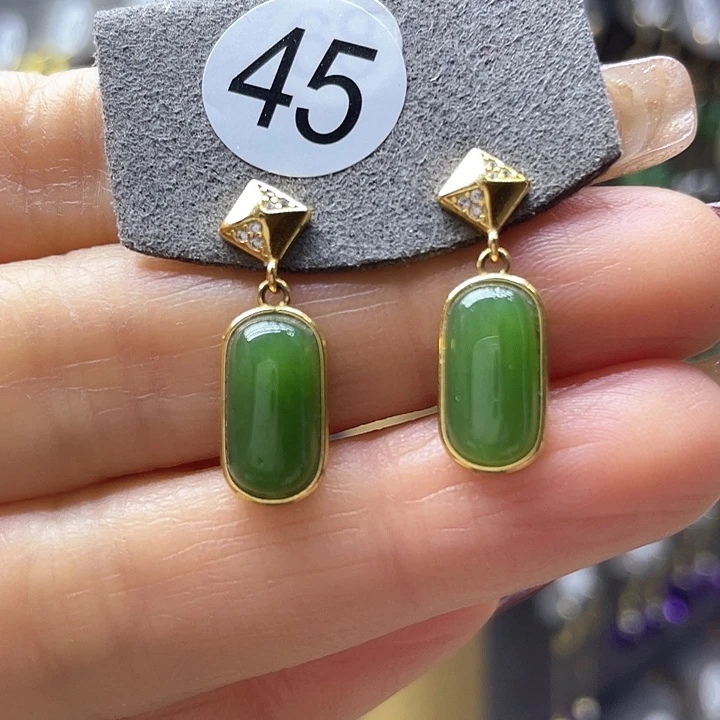 和田玉耳饰银S925镀金镶嵌