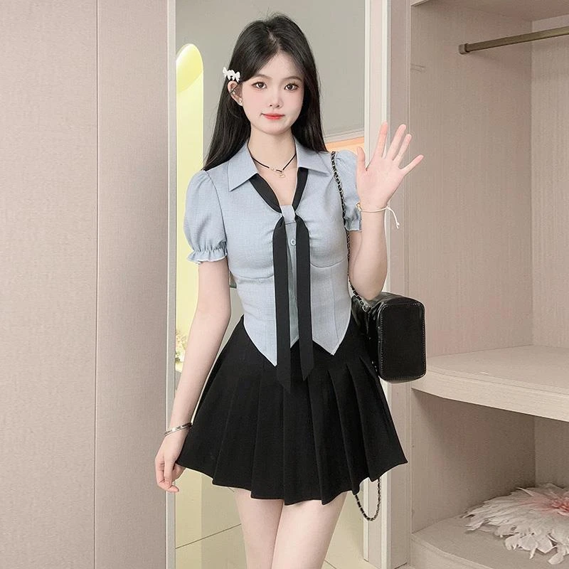 乡美媚2025新款格子衬衫泡泡袖带领带收腰显瘦学院风夏季透气短袖