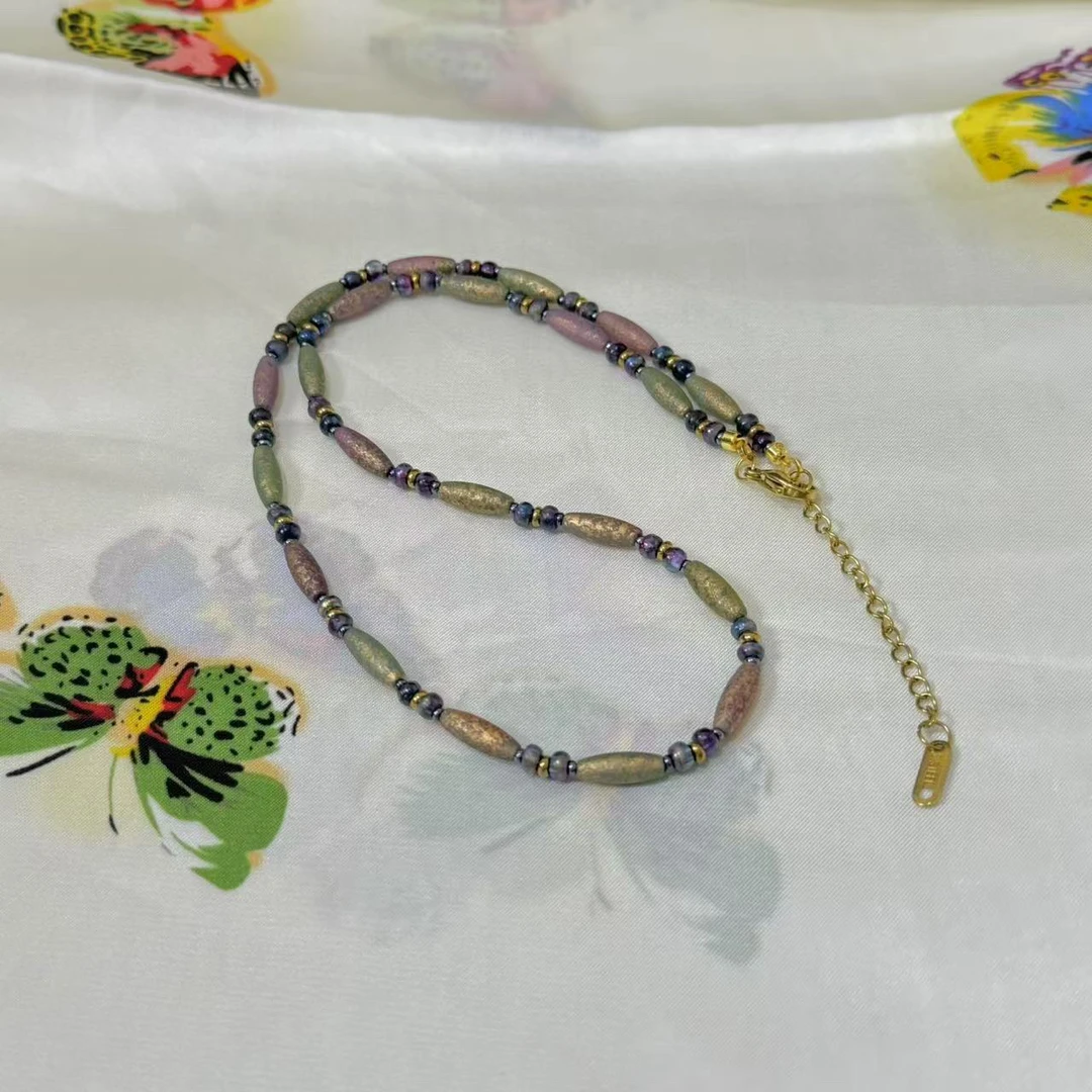 合金项链 LZ4018-3紫绿色磨砂条形圆柱捷克琉璃项链