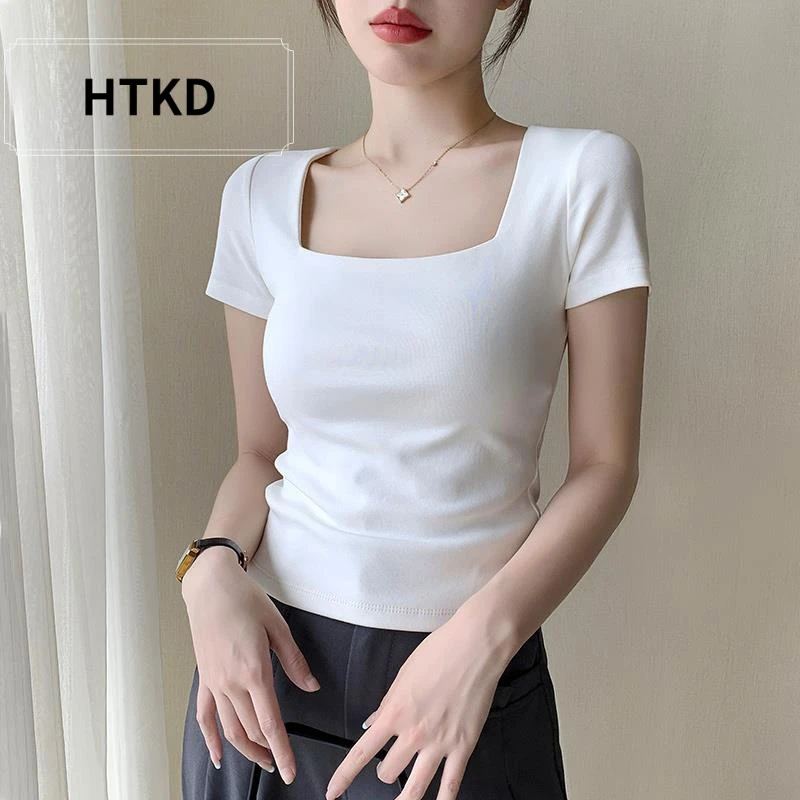 HTKD白色方领t恤女短袖2025年春夏新款大领口修身正肩低领打底