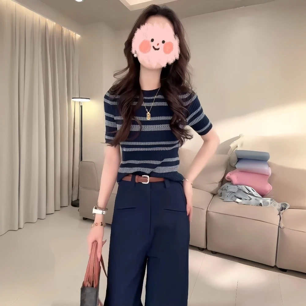 网红洋气炸街衣服女装夏季撞色条纹短袖针织上衣西装休闲裤两件套
