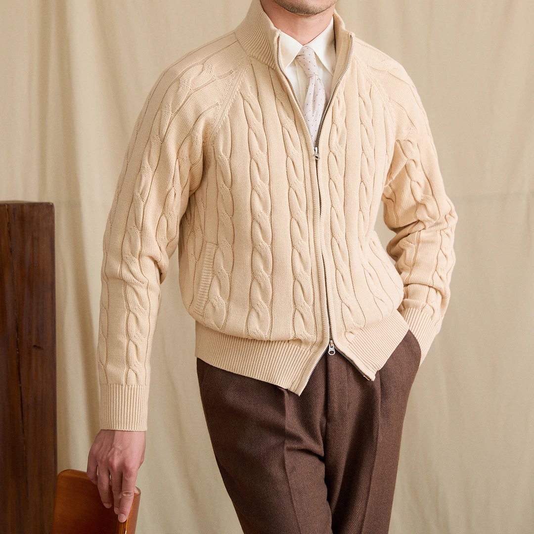 鹿三先生纯棉绞花立领长袖外套短款复古保暖百搭休闲老针织衫男