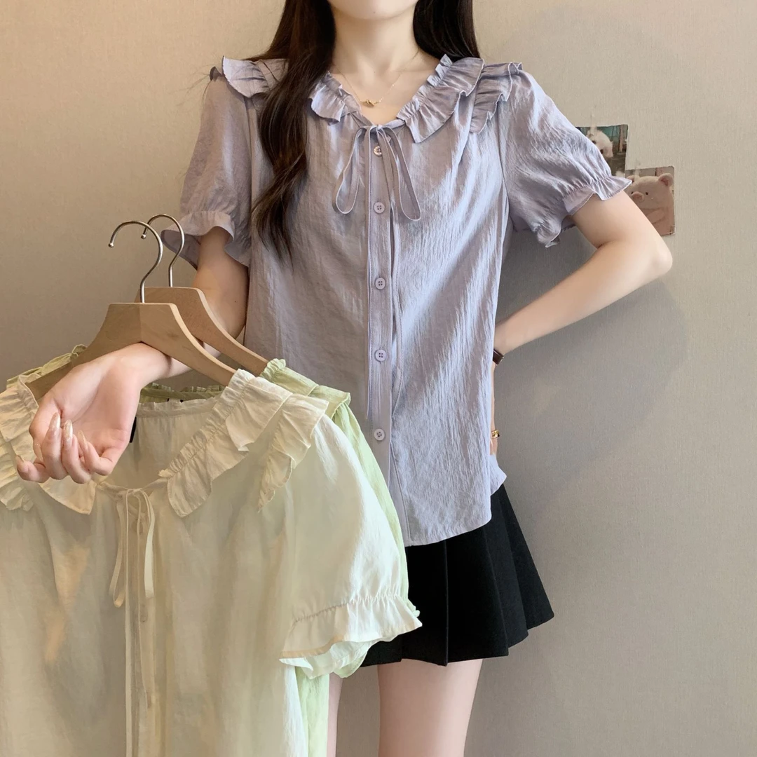 2025夏新款大码女装甜美法式短袖衬衫系带木耳边气质上衣64226