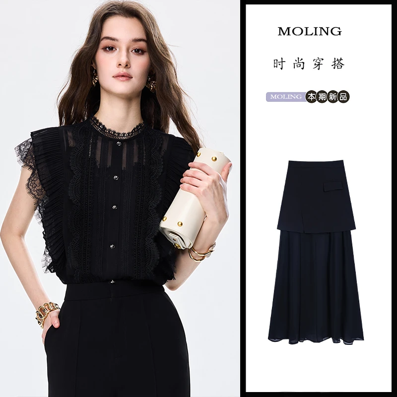 夏季穿搭女法式黑色小飞袖蕾丝衬衫气质显瘦雪纺拼接半身裙两件套