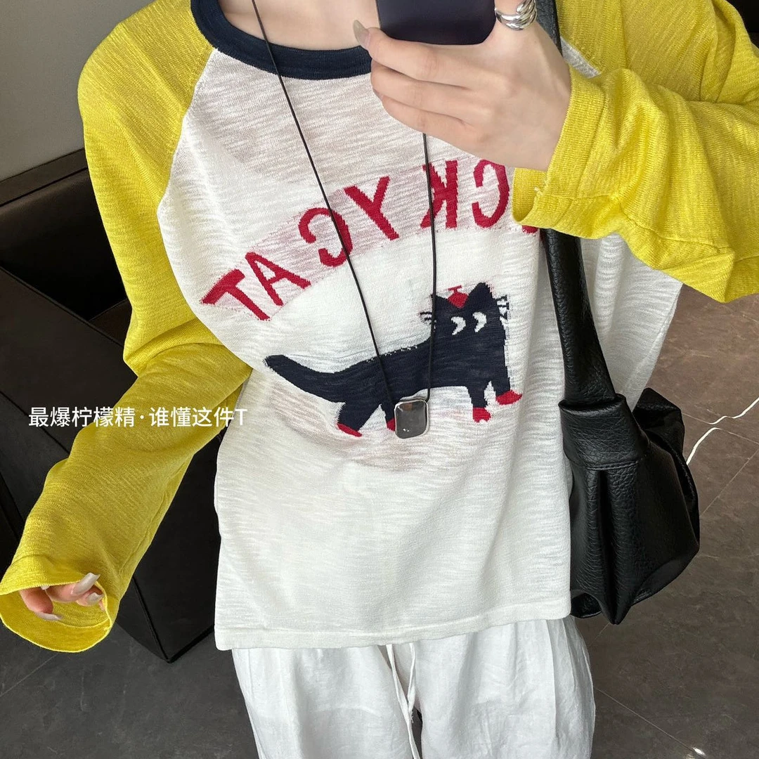 300斤长袖t恤女小猫印花夏季2025拼色上衣胖MM宽松慵懒风防晒罩衫