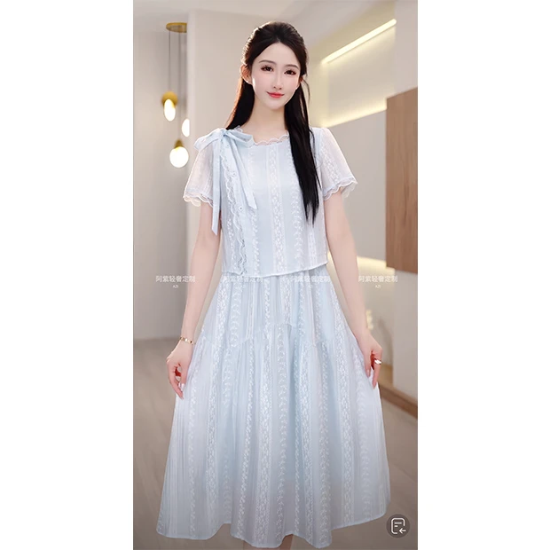 L5359【阿紫专属】短袖裙子连衣裙气质高腰夏中长裙显瘦法式收腰