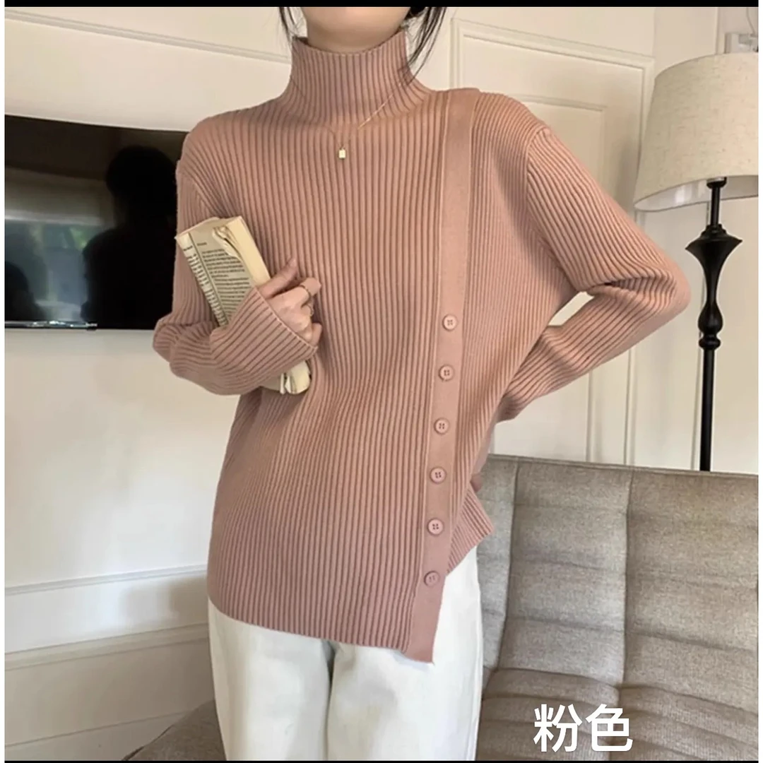 【坦姐严选 实体品质】胖mm半高领不规则针织打底衫6676