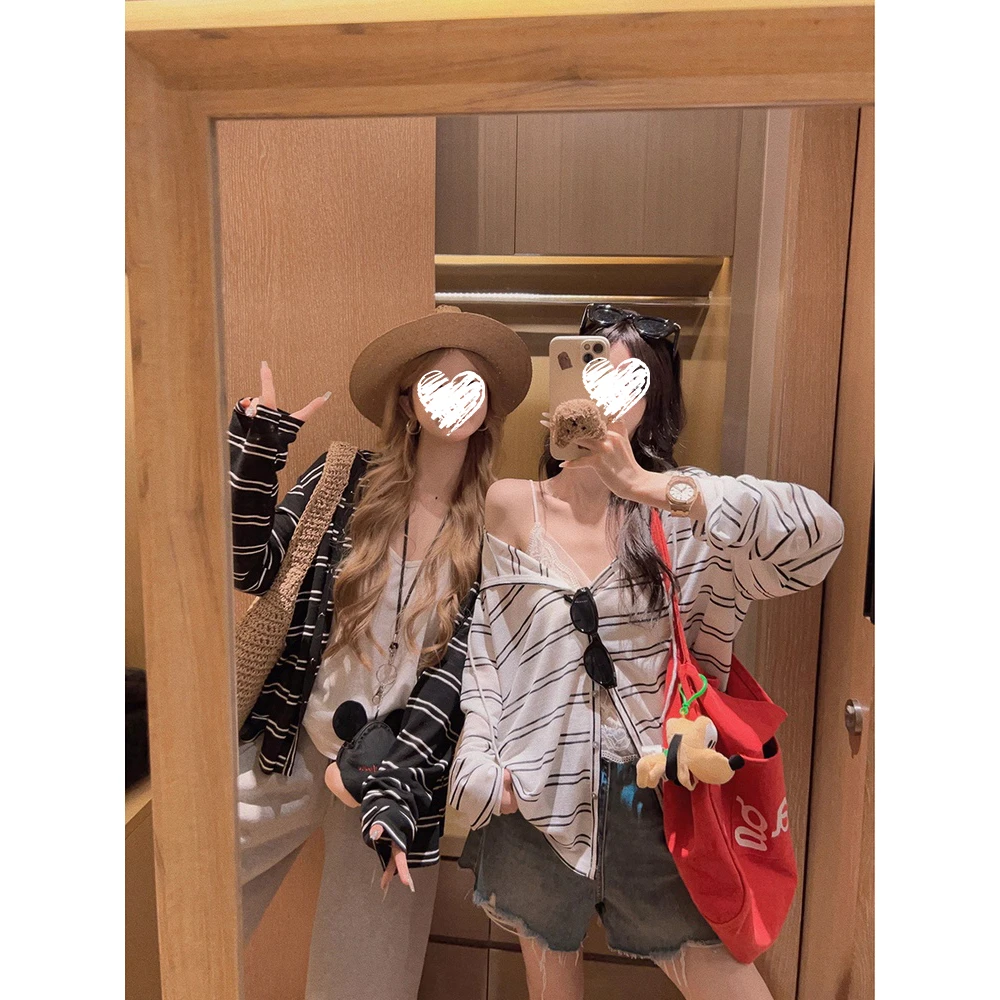 冷感纤维条纹长袖连帽开衫夏季薄款防晒衫60203女装