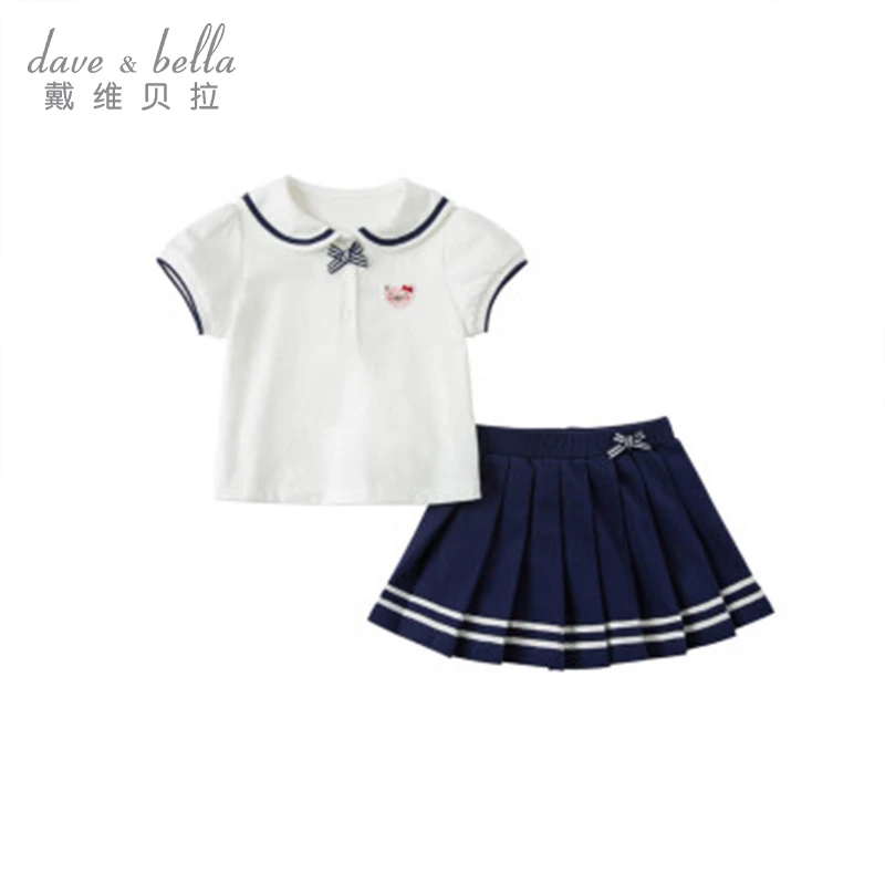 戴维贝拉儿童套装2025夏季女童休闲短袖百褶裙子两件套洋气童装