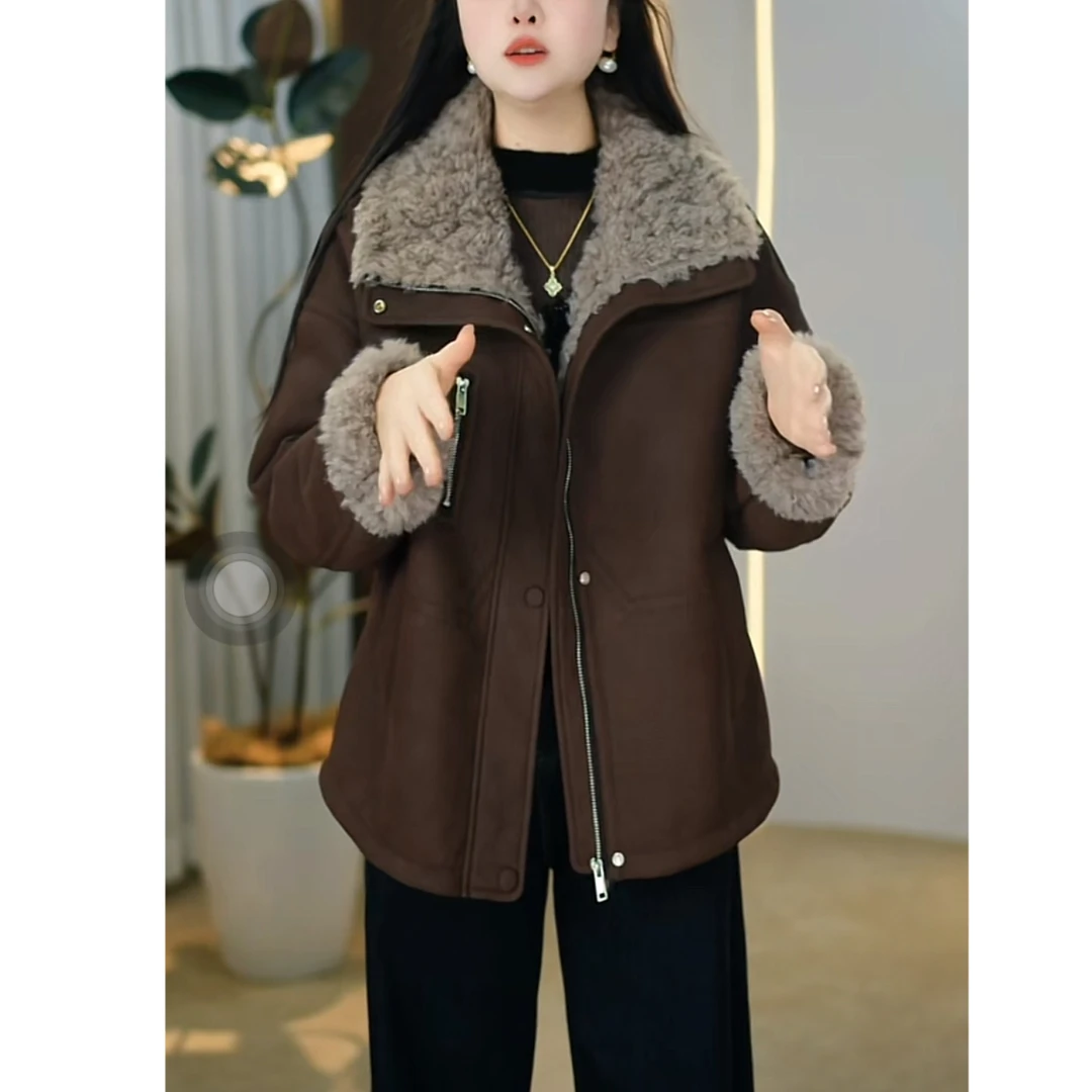 【垚佳定制】大码女装加绒加厚蛋白皮外套2025秋冬显瘦皮毛一体外套