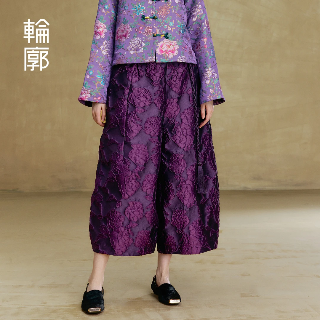 轮廓萄栀花苞阔腿裤中式复古显瘦提花休闲流苏女士裤子L253K014