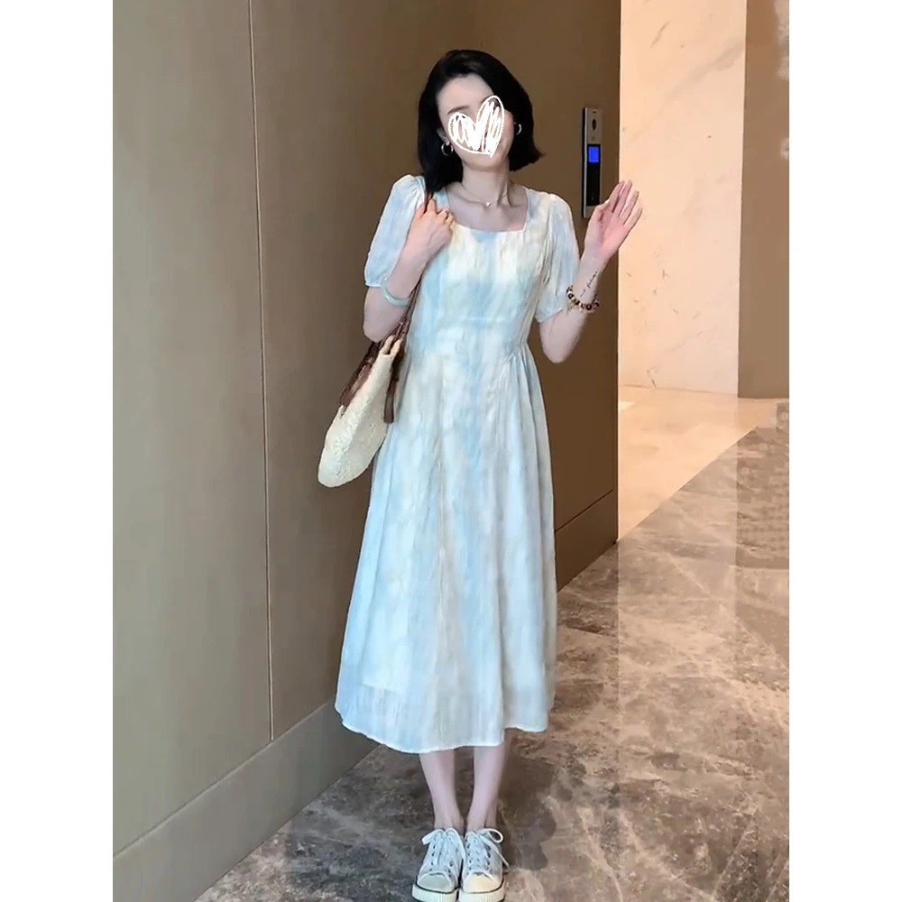 甜美可爱风格衣服夏季新款方领晕染系时尚收腰显瘦温柔连衣裙女装