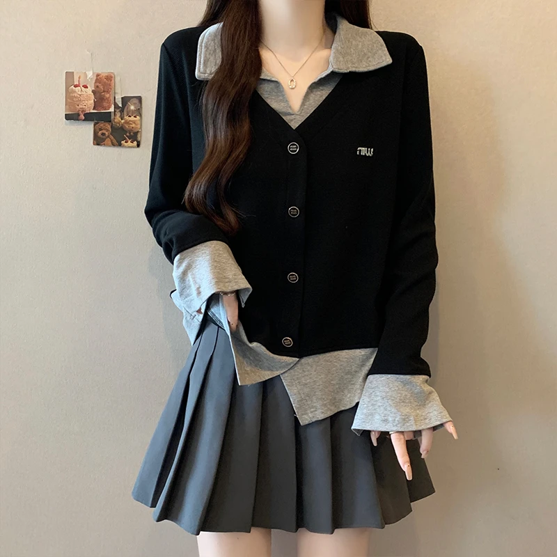 大码女装遮肚子学院风假两件针织衫女装秋季胖MM修身内搭长袖上衣