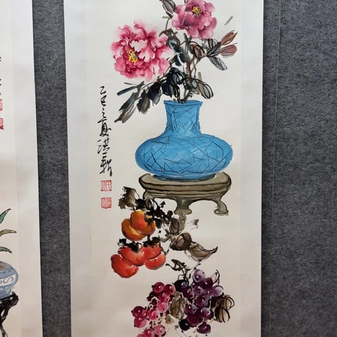国画三尺对开作品花鸟