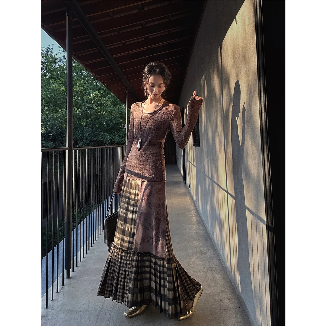 三吉黑花8/31【旧梦】复古格纹立体压褶不对称半裙