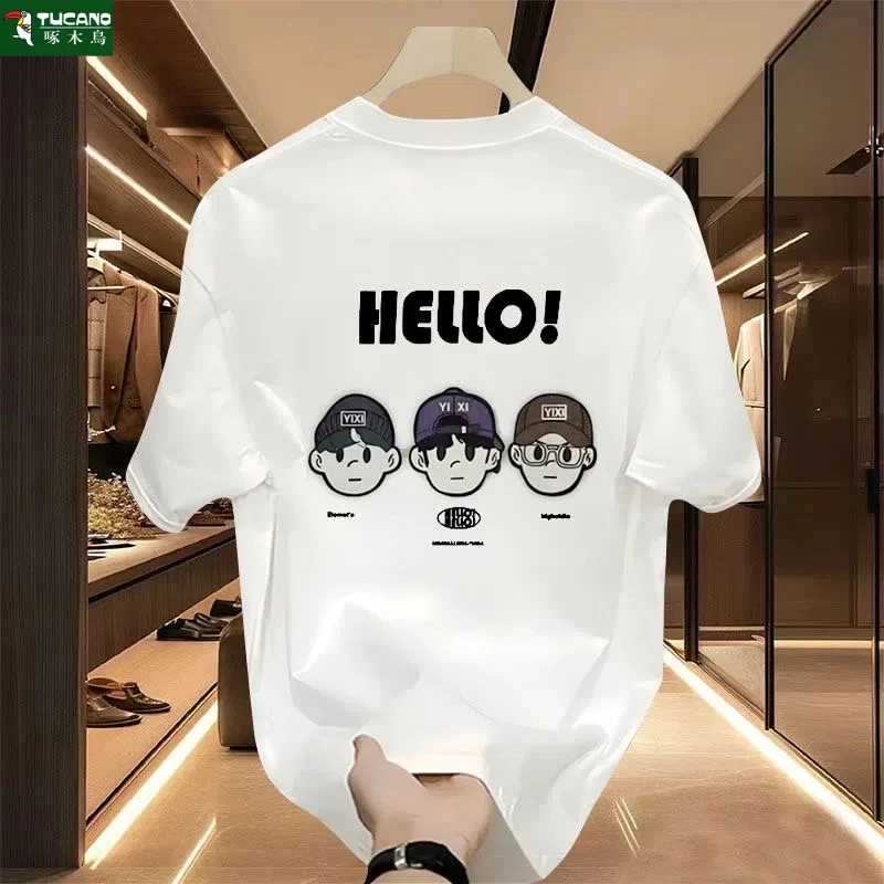 啄木鸟2025夏季纯棉短袖t恤男潮流宽松圆领百搭印花大码全棉半袖