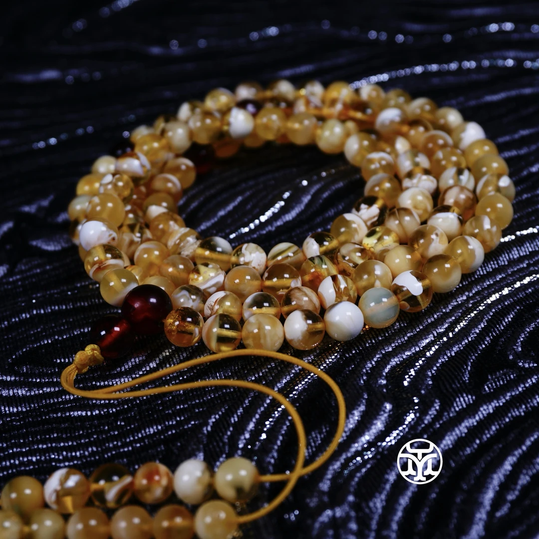 6毫米橘金漆白溶洞圆珠108长挂 一物一拍 天然俄料琥珀蜜蜡
