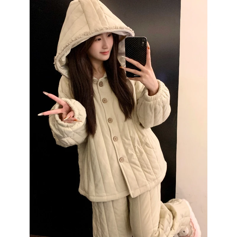 韩版高级感穿搭连帽夹棉睡衣女秋冬季新款加厚棉服保暖家居服套装