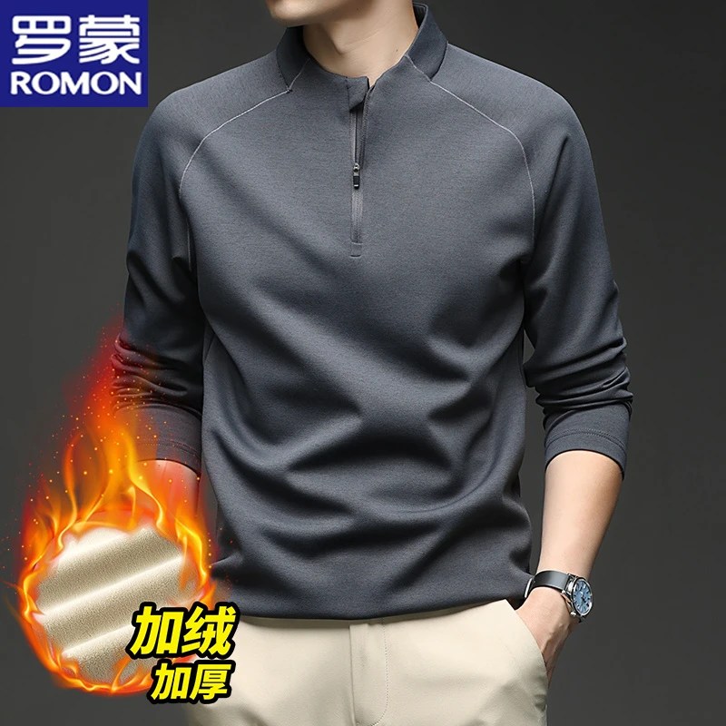 罗蒙秋冬新款男士半高拉链卫衣加绒加厚亨利领休闲长袖T恤打底衫