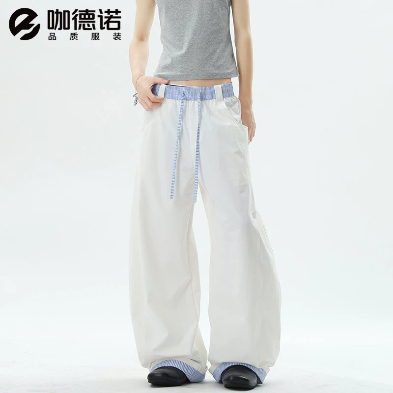 2025新款美式格纹拼接腰头弯刀休闲裤男夏季宽松潮牌阔腿垂感裤子