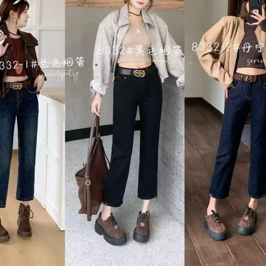 黑色高腰弹力牛仔裤女修身显瘦烟管裤8332