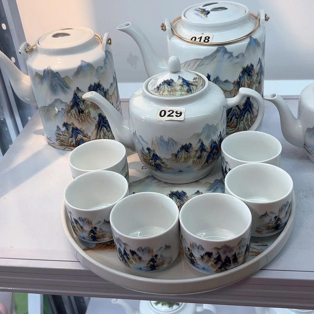 壶陶瓷千里江山图六个杯子