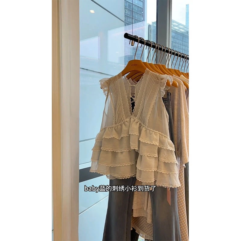 韩系气质纯欲V领系带无袖衬衫荷叶边宽松背心上衣高腰休闲牛仔裤