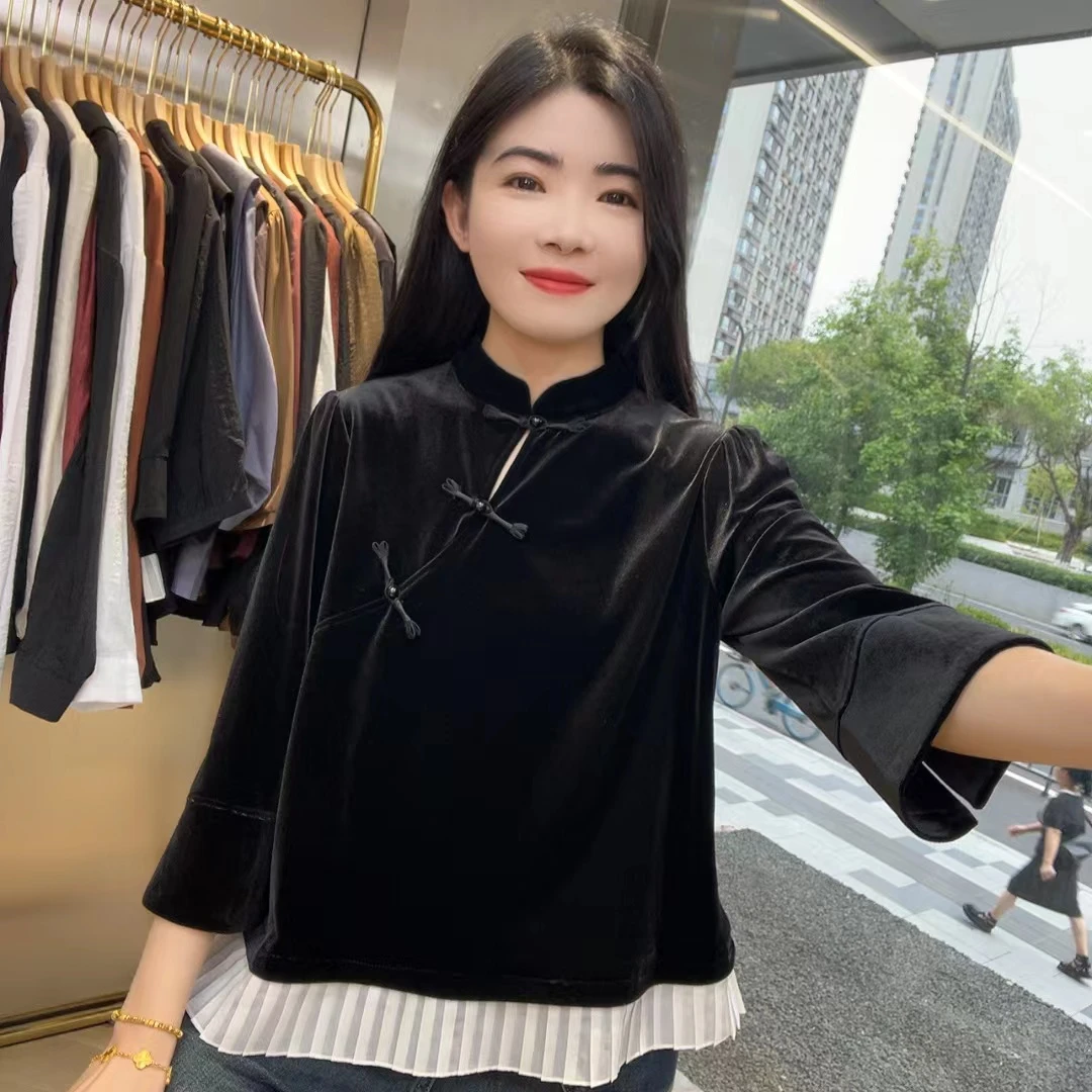 QC 241812 新中式斜扣拼接撞色盘扣国风长袖