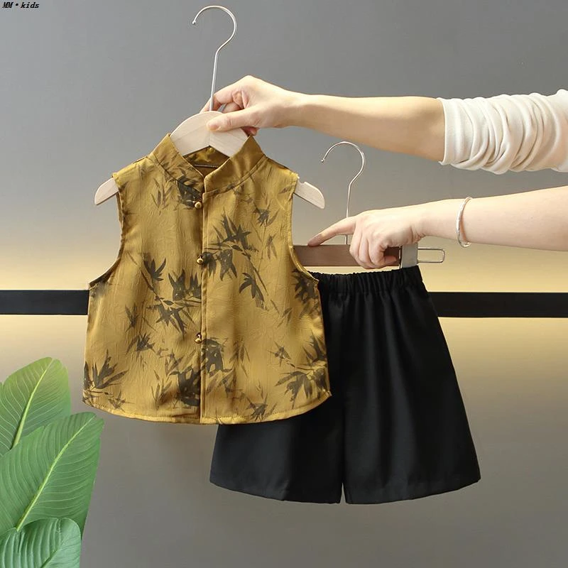 男童新中式国风唐装2025新款宝宝夏季背心套装儿童时髦坎肩两件套